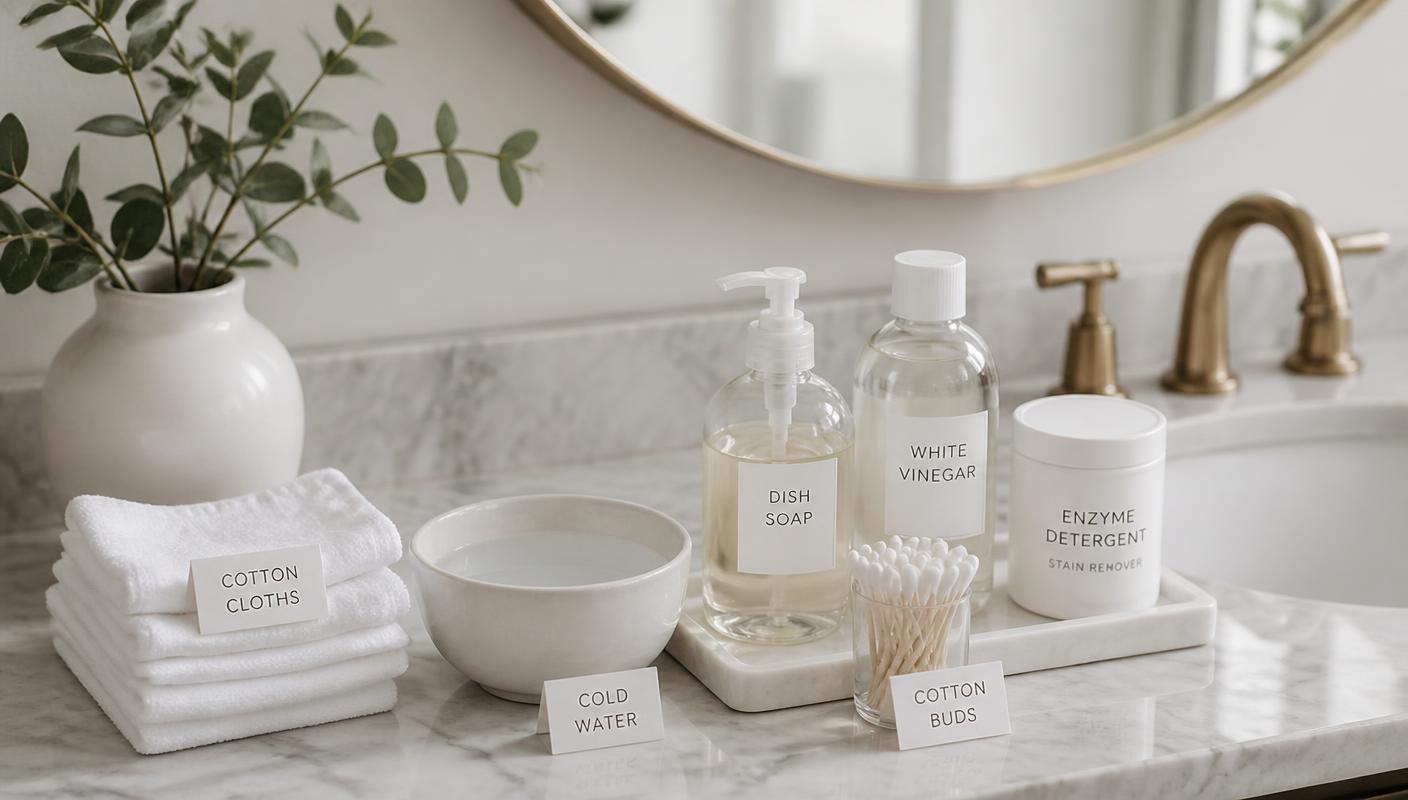 A marble vanity with white cotton cloths, cold water, dish soap, white vinegar, cotton buds and enzyme detergent arranged neatly