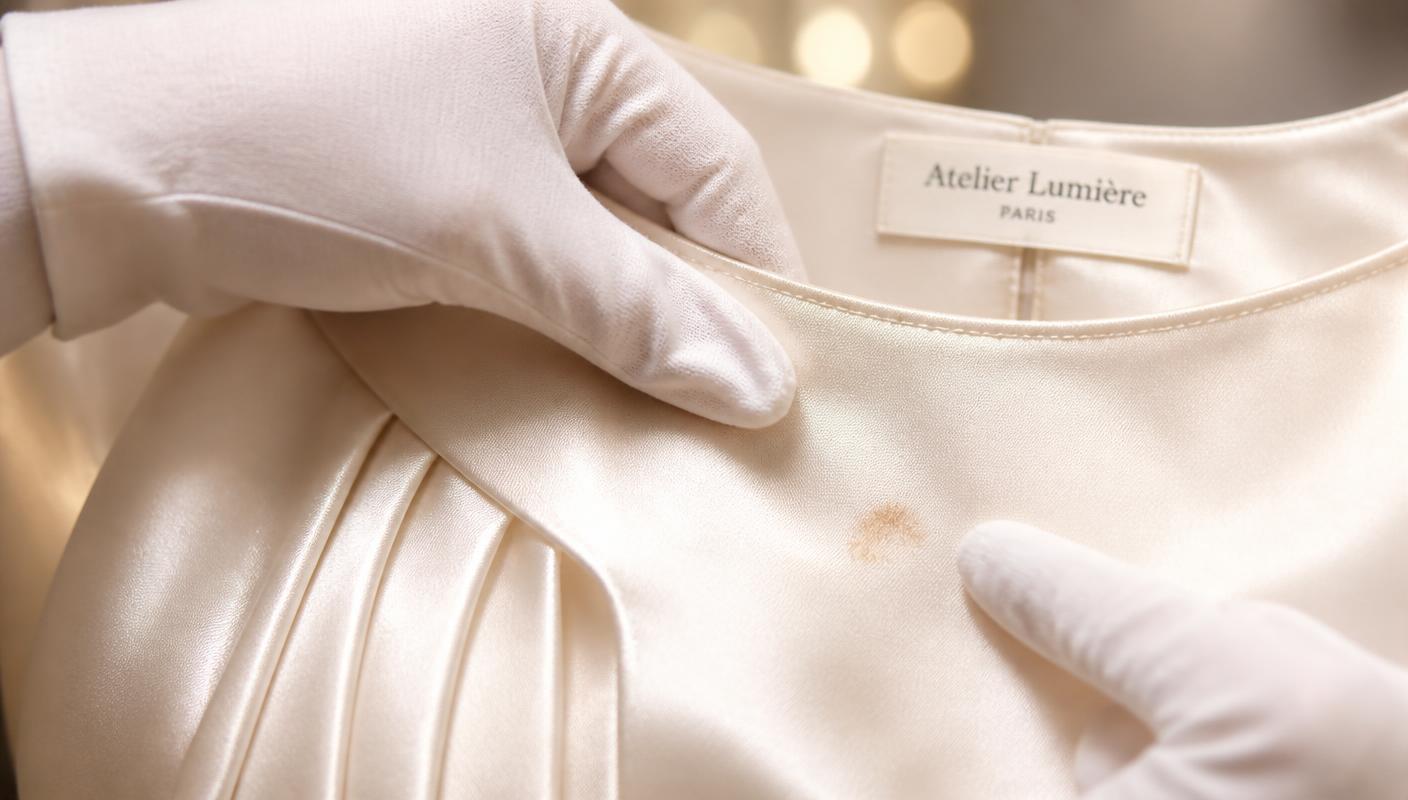 Close-up of pale silk evening dress fabric with a small mark near the neckline