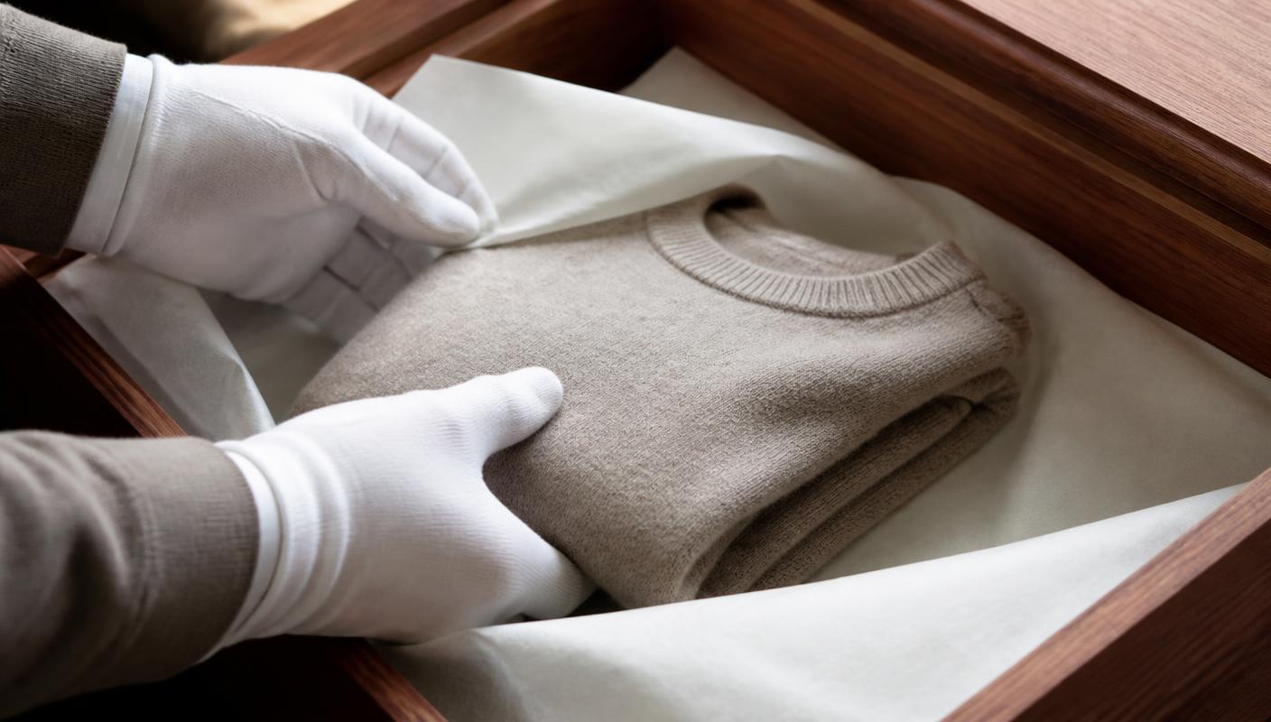 Gloved hands laying a folded cashmere jumper between sheets of acid-free tissue in a cedar drawer