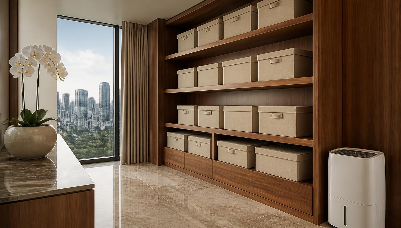A luxury storage room with matching fabric boxes on cedar shelving, a dehumidifier and an orchid