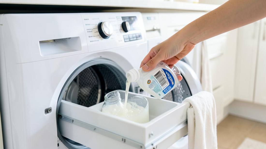Adding white vinegar to the detergent drawer is a simple way to strip odour-causing residue from clothes.