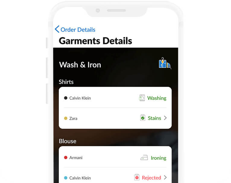 Live garment tracking with wash, stain, and ironing statuses on the Piing app — service available in Singapore